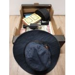 A BOX OF MISCELLANEOUS INC GENUINE BARBOUR HAT ETC