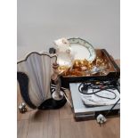 BOX CONTAINING MISC SILVER PLATED PIECES DEVON TOILET JUG AND GILT TEA CHINA PLUS FIGURED TABLE