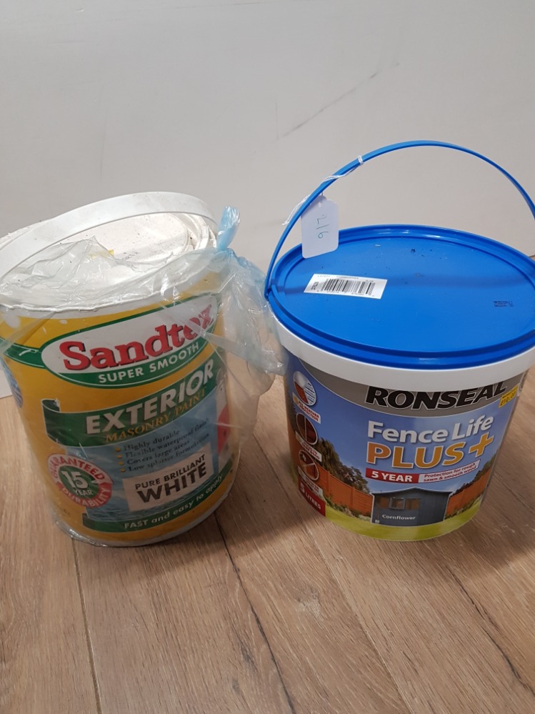 A TUB OF RONSEAL FENCE LIFE PLUS AND A TUB OF SANDTEX SUPER SMOOTH MASONRY PAINT