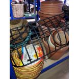 QUANTITY OF GARDEN PLANT POTS AND WICKER FLOWER BASKETS PLUS ONE LARGE METAL HANGING FLOWER BASKET