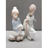 2 LLADRO FIGURES SHEPHERD HOLDING STICK AND GIRL WITH LAMB