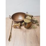 TWIN HANDLED COPPER BOWL AND MISCELLANEOUS BRASS PIECES