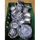 BOX OF BLUE AND WHITE SPODE DINNERWARE AND MASONS JUGS