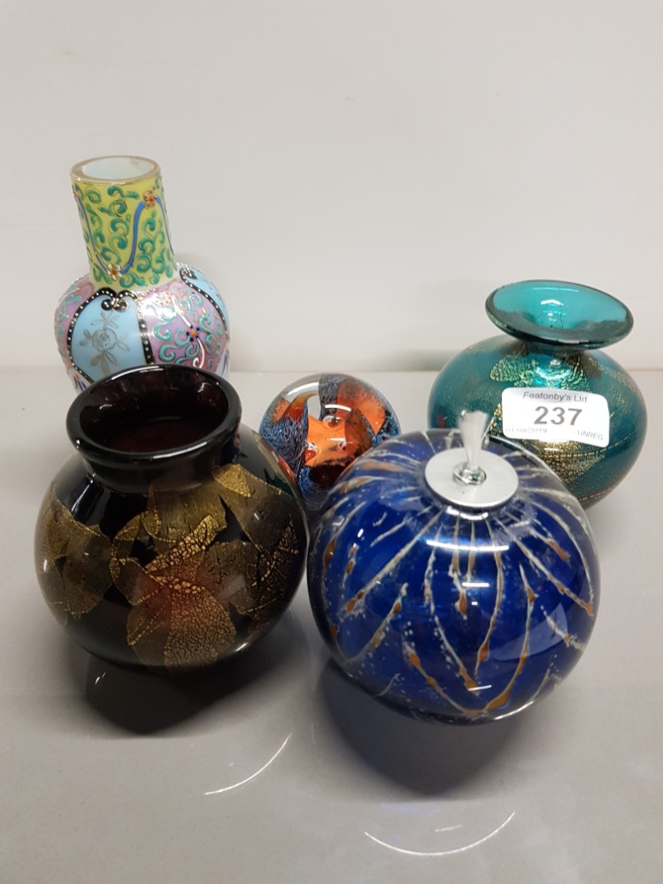 5 PIECES OF ART GLASS INCLUDING MDINA OIL LAMP CAITHNESS PAPERWEIGHT HAND ENAMELLED MILK GLASS ETC