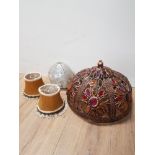 LARGE METAL DECORATIVE LIGHT SHADE PLUS GLASS AND PAIR OF FRINGED SHADES