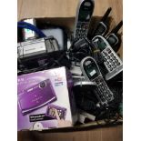 BOX OF ELECTRONICS INCLUDING BT QUAD PHONE SET CAMCORDERS AND FUJIFILM CAMERA ETC