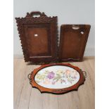 GILT HANDLED TAPESTRY TRAY AND 2 CARVED WOODEN TRAYS