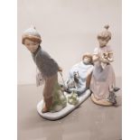 2 NADAL FIGURES GIRL WITH PUPPY AND KITTEN PLUS BOY PULLING SLEDGE