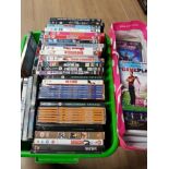 A BOX AND A BAG OF ASSORTED DVDS