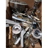 A BOX OF ASSORTED SILVER PLATED WARE INC CANDELABRAS ETC