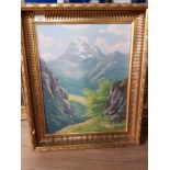 GILT FRAMED OIL ON CANVAS ALPINE SCENE BY BORGE RUUD