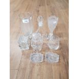 8 PIECES OF ASSORTED GLASSWARE INCLUDING DECANTER WITH STOPPER AND TALL ETCHED VASE