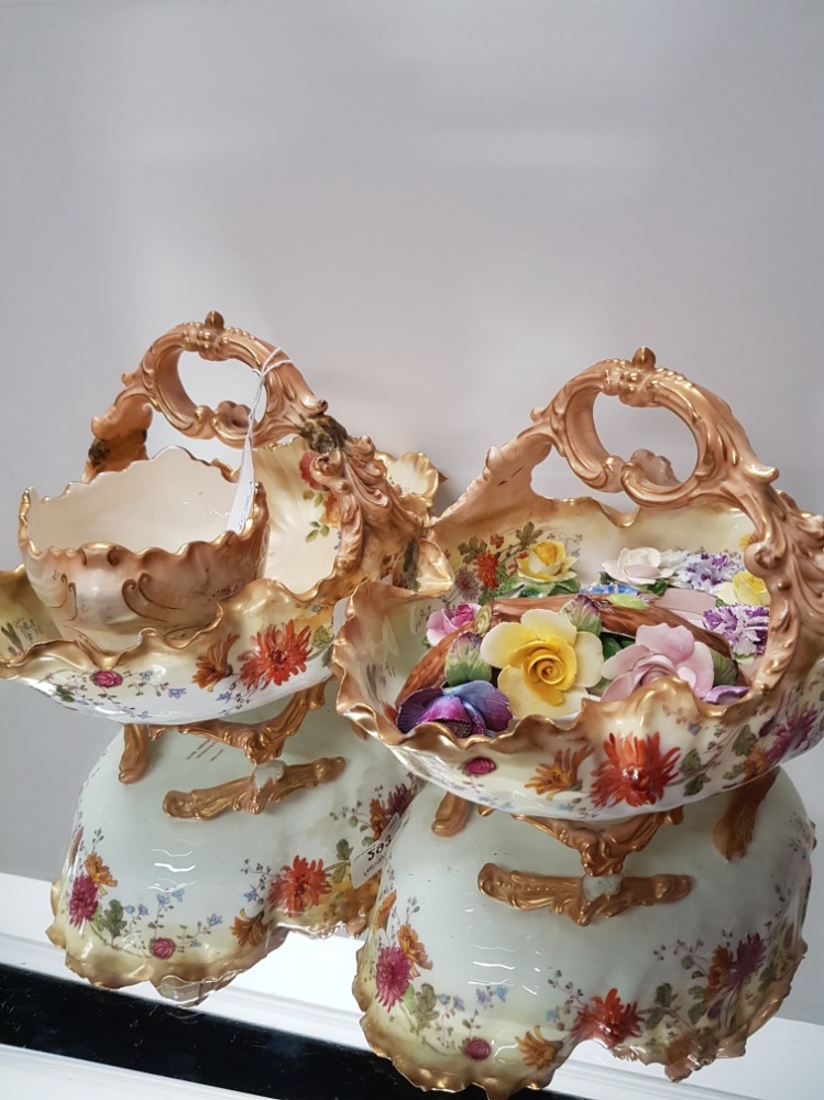 PAIR OF ORNAMENTAL HANDLED BOWLS IN A FLORAL PATTERN WITH ROYAL WORCESTER DISH AND OTHER DECORATIVE
