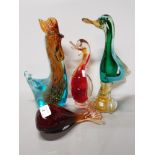 3 COLOURED GLASS MURANO ANIMAL ORNAMENTS INCLUDING DUCK AND ROOSTER AND WEDGWOOD WHALE