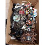 A BOX OF ASSORTED GOODS INC CARVED WOOD CLOCK FANS ETC