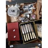 BOX OF SILVER PLATED PIECES INCLUDING TEAPOTS AND CASED CUTLERY