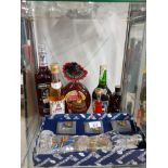 8 BOTTLES OF ASSORTED ALCOHOL INC OUZO SHOT GLASS GIFT SET AND M