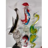 3 PIECES OF MURANO GLASS ANIMAL ORNAMENTS INC COCKEREL AND LEAPING FISH ETC