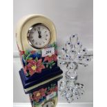 OLD TUPTON WARE MANTLE CLOCK AND CRYSTAL GLASS PEACOCK