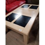 MODERN WOOD COFFEE TABLE WITH 4 FITTED WITH BLACK GLASS PANELS