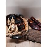 A WICKER BASKET CONTAINING GIORGIO FERRARI SHOES DOOR KNOCKERS AND BUSTS ETC