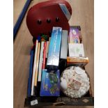 A BOX CONTAINING ASSORTED SEA SHELLS CANDLE LANTERNS AND BOOKS ETC