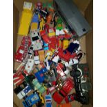 A BOX OF DIE CAST VEHICLES INC CORGI MATCHBOX ETC