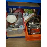 3 BOXES OF ASSORTED WARE INC GLASS JARS CHINA METAL TRAYS ETC