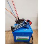 SHAKESPEARE TACKLE BOX WITH FISHING CHAIR AND BUNDLE OF RODS WITH REELS