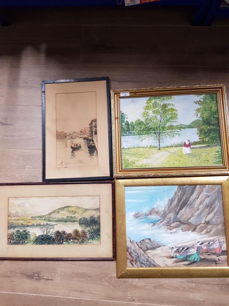 4 ASSORTED FRAMED WATERCOLOURS INC BOATS AT HARBOUR ETC