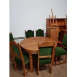 SOLID DANISH OAK EXTENDING DINING TABLE AND A SET OF 6 OAK FRAMED METAL STUDDED DINING CHAIRS