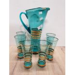 7 PIECES OF COLOURED BOHEMIA GLASS INCLUDING JUG AND 6 MATCHING DRINKING GLASSES