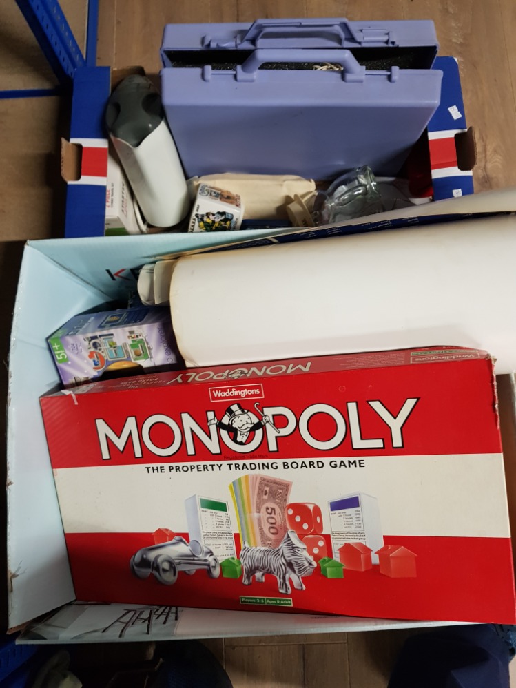 2 BOXES OF MISCELLANEOUS INC COMMEMORATIVE CUPS AND MONOPOLY ETC