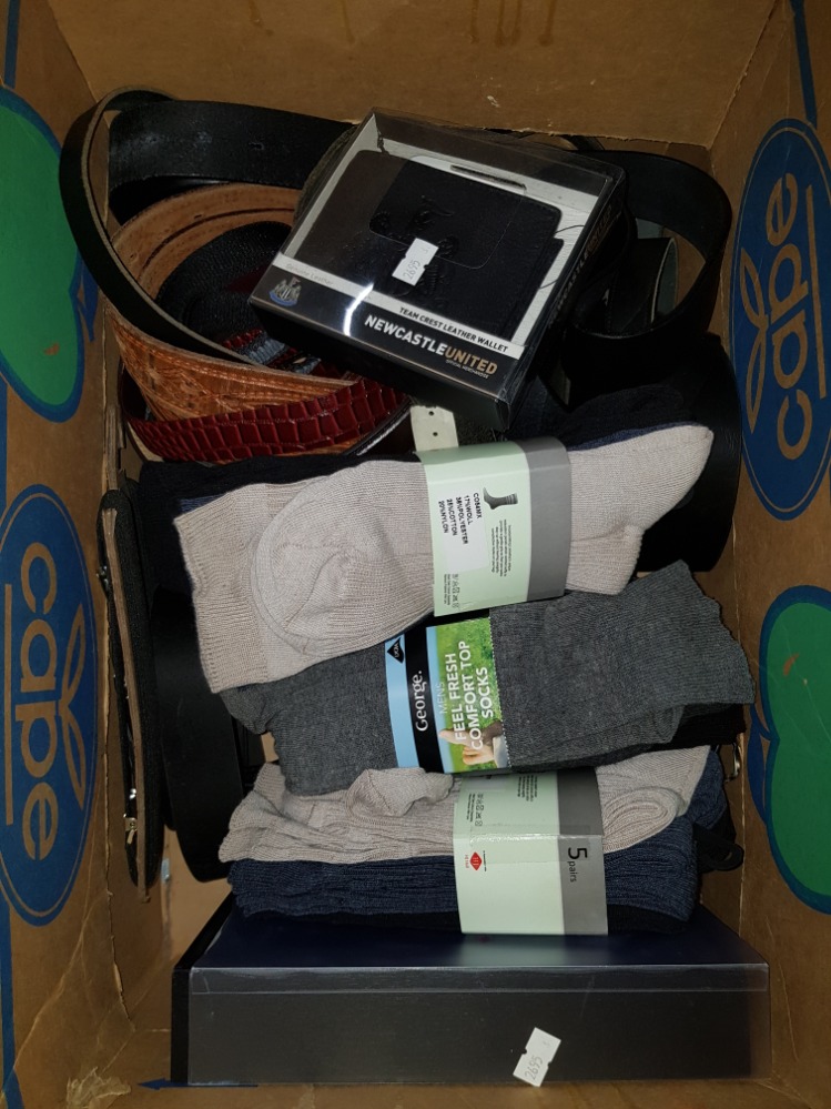 A BOX CONTAINING BRAND NEW PAIRS OF SOCKS AND BELTS ETC