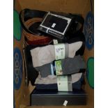 A BOX CONTAINING BRAND NEW PAIRS OF SOCKS AND BELTS ETC