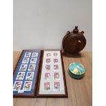 2 FRAMED CIVIL WAR CIGARETTE CARDS TOGETHER WITH A TIFFANY TRINKET AND A MOUNTED FLASK