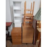 5 ITEMS INC OFFICE 3 DRAWER FILING CHEST ON WHEELS AND 2 PINE STOOLS ETC