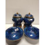A PAIR OF ORIENTAL STYLE CLOISONNE BOWLS AND MATCHING LIDDED JARS ON STANDS