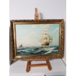 GILT FRAMED OIL ON BOARD TALL SHIPS SIGNED H HIRST 1973