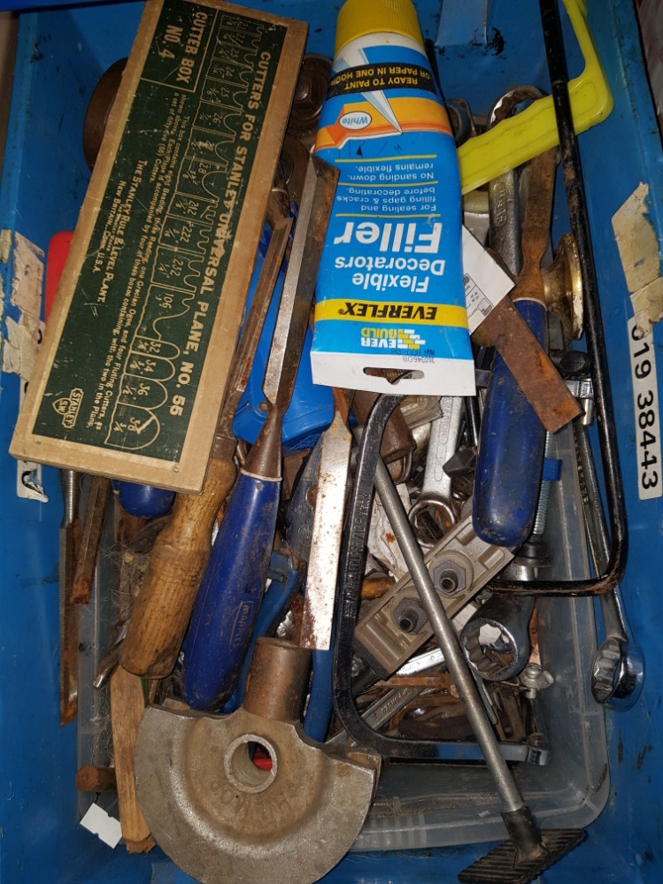 A BOX OF ASSORTED TOOLS INC SPANNERS CHISELS ETC