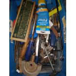 A BOX OF ASSORTED TOOLS INC SPANNERS CHISELS ETC