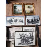 A BOX OF ASSORTED PRINTS AND OIL PAINTINGS ETC