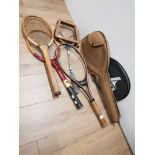 3 VINTAGE TENNIS RACKETS PLUS 1 BADMINTON RACKET