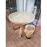 ORIENTAL STYLE GLASS TOPPED PEDESTAL TABLE AND A TWIN HANDLED JAPANESE VASE
