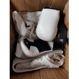 A BOX CONTAINING KARATE EQUIPMENT INC KAMAE PROTECTIVE GLOVES KUGB APPROVED