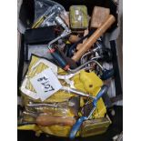 A BOX OF ASSORTED TOOLS INC HAMMERS ETC