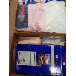 A BOX CONTAINING CLASSIQUE COTTON TOWELS A HITECH 2 TIER TELEPHONE SHELF