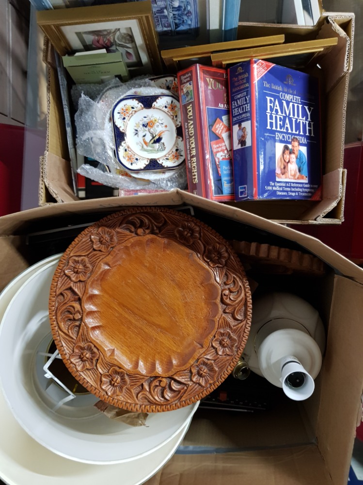 2 BOXES CONTAINING BOOKS TABLE LAMPS AND SMALL CARVED FOLDING TABLES ETC