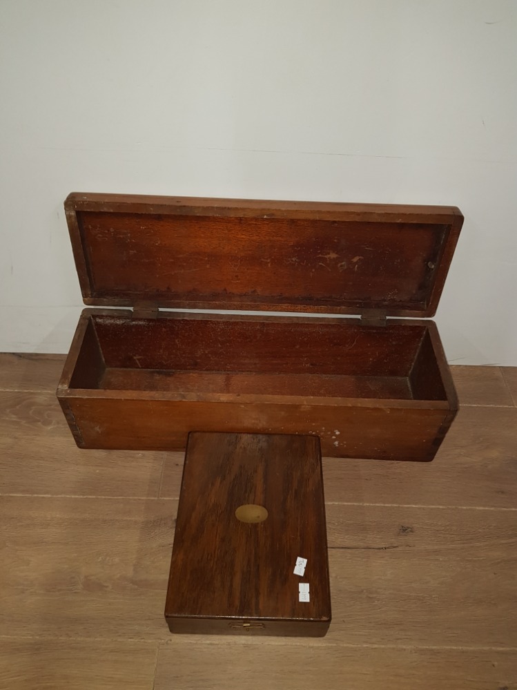 2 VINTAGE WOODEN BOXES ONE WITH BRASS INLAID