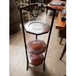 INLAID MAHOGANY FOLDING 3 TIER CAKE STAND